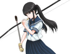 Rule 34 | 1girl, black hair, bow (weapon), school uniform, serafuku, simple background, solo, twintails, weapon, white background