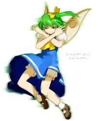 Rule 34 | 1girl, ascot, bloomers, blue dress, bow, daiyousei, dress, embodiment of scarlet devil, english text, female focus, general (kaiser knuckle), green eyes, green hair, hair bow, kaiser knuckle, m.u.g.e.n, matching hair/eyes, oso (toolate), short hair, side ponytail, solo, taito, touhou, underwear, wings
