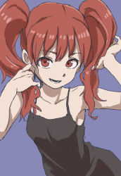 Rule 34 | 1girl, :d, bare arms, bare shoulders, black dress, blue background, brown eyes, brown hair, collarbone, dress, female focus, highres, long hair, looking at viewer, open mouth, original, smile, solo, teeth, twintails, yamamoto souichirou