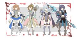Rule 34 | 4girls, absurdres, akatsuki (kancolle), alternate costume, anchor, arm warmers, armor, armored boots, armored dress, bad id, bad twitter id, bike shorts, boots, brown eyes, brown hair, cape, capelet, commentary request, detached sleeves, dress, english text, folded ponytail, gloves, hair ornament, hibiki (kancolle), highres, holding, holding weapon, ikazuchi (kancolle), inazuma (kancolle), kantai collection, long hair, looking at viewer, midriff, multiple girls, navel, one eye closed, open mouth, orb, polearm, purple hair, ribbon, shiosoda, short hair, silver hair, simple background, smile, spear, staff, thigh boots, thighhighs, weapon, white eyes