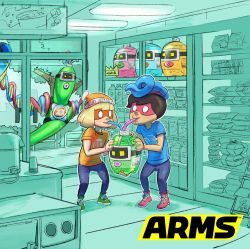 Rule 34 | 1boy, 1girl, aqua background, arms (game), beanie, black hair, blonde hair, blorb (arms), bottle, convenience store, dna man (arms), drinking, drinking straw, hat, highres, logo, mask, min min (arms), monster boy, nintendo, no pupils, official art, shared drink, shirt, shop, simple background, slime boy, smile, spring man (arms), t-shirt, yamamoto yuu