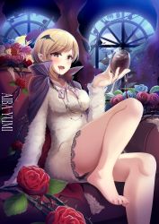 Rule 34 | 1girl, aiba yumi, bare legs, barefoot, bat hair ornament, black panties, blonde hair, blood, blood on face, blue flower, blue rose, blush, brown eyes, cape, casino (casinoep), cup, dress shirt, drinking glass, fangs, feet, flower, hair ornament, highres, holding, holding cup, holding drinking glass, idolmaster, idolmaster cinderella girls, indoors, jewelry, long sleeves, looking at viewer, necklace, night, open mouth, panties, pantyshot, pointy ears, red flower, red rose, rose, shirt, short hair, sitting, smile, solo, toes, underwear, window