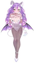 Rule 34 | 1girl, absurdres, animal ears, blush, breasts, brown pantyhose, covered navel, demon tail, demon wings, fake animal ears, green eyes, hair ornament, hair ribbon, hairclip, heart, heart hands, highres, hololive, kkato, leotard, long hair, low wings, multicolored hair, pantyhose, pink hair, playboy bunny, purple hair, rabbit-ear headwear, rabbit ears, ribbon, small breasts, solo, strapless, strapless leotard, streaked hair, tail, tokoyami towa, twintails, virtual youtuber, wings, wrist cuffs