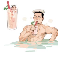 Rule 34 | 1boy, armpit hair, black hair, chengongzi123, chibi, chibi inset, commentary, completely nude, drink, drinking, drinking straw, facial hair, goatee stubble, golden kamuy, green eyes, hand up, highres, looking at viewer, male focus, nipples, nude, onsen, partially submerged, scar, scar on arm, scar on shoulder, short hair, simple background, steam, stubble, symbol-only commentary, toned, toned male, towel, towel on head, tsukishima hajime, upper body, very short hair, water, white background