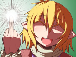 Rule 34 | 1girl, 2channel, ^ ^, bad id, bad pixiv id, blonde hair, closed eyes, female focus, hakika, meme, middle finger, mizuhashi parsee, neta, open mouth, pointy ears, short hair, smile, solo, touhou