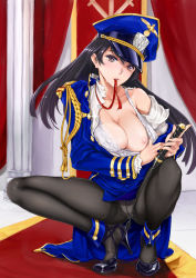 Rule 34 | 1girl, ankle cuffs, black hair, black pantyhose, bra, bra pull, breasts, cleavage, clothes pull, crotch seam, hat, high heels, highres, kneeling, large breasts, lips, long hair, looking at viewer, military, military hat, military uniform, mouth hold, nipple slip, nipples, one breast out, original, panties, panties under pantyhose, pantyhose, pantyshot, peaked cap, ribbon, riding crop, solo, spread legs, squatting, thighband pantyhose, torn clothes, underwear, uniform, weapon, whip, yamaishi (mukoubuti)