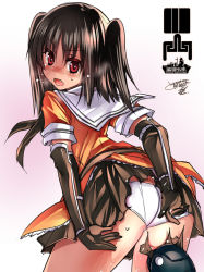 Rule 34 | 10s, 1girl, ass, blush, brown gloves, brown hair, elbow gloves, fang, gloves, kantai collection, open mouth, panties, red eyes, sendai (kancolle), skirt, solo, tokita monta, torn clothes, torn skirt, twintails, two side up, underwear, white panties