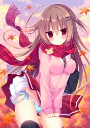 Rule 34 | 1girl, ahoge, autumn, autumn leaves, black thighhighs, blue panties, blush, bow, bow panties, breasts, brown hair, cardigan, closed mouth, commentary request, diagonal-striped clothes, diagonal-striped necktie, diagonal-striped neckwear, frilled panties, frills, fringe trim, hair between eyes, hair ornament, hairclip, hasune, highres, leaf, long hair, long sleeves, looking at viewer, maple leaf, medium breasts, necktie, original, panties, pink cardigan, plaid, plaid scarf, pleated skirt, red eyes, red scarf, red skirt, revision, scarf, shirt, side-tie panties, skirt, sleeves past wrists, solo, striped clothes, striped necktie, striped neckwear, thighhighs, two side up, underwear, very long hair, white shirt, wind, wind lift