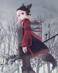 Rule 34 | 1girl, animal ears, arknights, bare tree, beanie, black hat, black pantyhose, black skirt, ears through headwear, feet out of frame, fox ears, fox girl, fox tail, from side, frostleaf (arknights), grey hair, grey shirt, grey sky, hat, headphones, highres, holding, holding polearm, holding weapon, implied extra ears, jacket, knee pads, long hair, long sleeves, looking at viewer, outdoors, overcast, pantyhose, polearm, red eyes, red jacket, shirt, skirt, sky, solo, standing, tail, tree, weapon, zeroarchive00
