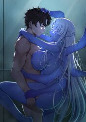 1boy 1girl absurdres angrykuma ass black_hair blue_eyes blue_skin breasts closed_mouth colored_skin commission completely_nude constricted_pupils cum cumdrip extra_arms fate/grand_order fate_(series) fujimaru_ritsuka_(male) hetero highres kali_(fate) large_breasts long_hair nipples nude open_mouth pixiv_commission sex short_hair smile standing_missionary thighs third_eye very_long_hair white_hair