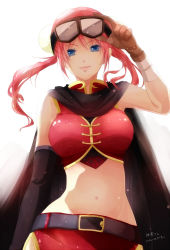 Rule 34 | 1girl, bad id, bad pixiv id, blue eyes, breasts, bun cover, chinese clothes, double bun, dress, gintama, goggles, goggles on head, groin, highres, kagura (gintama), large breasts, long hair, looking at viewer, midriff, navel, red hair, smile, solo, sss3