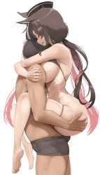 Rule 34 | 1boy, 1girl, animal ears, barefoot, bikini, black bikini, black hair, black headwear, breasts, chisaka airi, closed mouth, commission, genek, hat, highres, huge breasts, large breasts, long hair, male underwear, multicolored hair, phase connect, pink hair, profile, pussy juice, sex, skeb commission, soles, suspended congress, sweat, swimsuit, toes, two-tone hair, underwear, virtual youtuber
