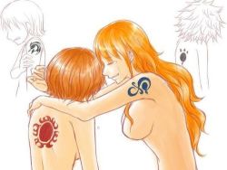 Rule 34 | 2girls, aged down, arm grab, arm tattoo, back tattoo, breasts, child, closed eyes, comforting, crying, facing another, girl on top, holding own arm, hug, koala (one piece), long hair, lowres, medium breasts, messy hair, multiple girls, nami (one piece), nude, one piece, orange hair, parted lips, short hair, sideboob, simple background, smile, tattoo, tears, teeth, topless, upper body, white background