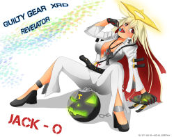 Rule 34 | 1girl, absurdres, ahoge, ankh, arc system works, ball and chain restraint, belt, blonde hair, blush, bodysuit, breasts, candy, cross, cross necklace, echo destiny, food, gloves, guilty gear, guilty gear xrd, halo, highres, jack-o&#039; valentine, jewelry, licking, lollipop, long hair, looking at viewer, mask, multicolored hair, necklace, open mouth, red eyes, red hair, simple background, sitting, smile, solo, tongue, tongue out
