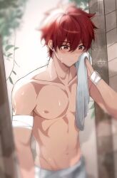 Rule 34 | 1boy, alticute, alticute (vtuber), bandaged arm, bandages, blurry, blurry foreground, blush, closed mouth, collarbone, hair between eyes, highres, holding, holding towel, indie virtual youtuber, looking down, male focus, naked towel, navel, nipples, pectorals, plant, red eyes, red hair, short hair, signature, solo, stomach, toned, toned male, topless male, towel, virtual youtuber, wet, wiping face