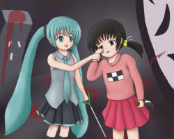 Rule 34 | 2girls, blood, character request, child, copyright request, crying, grabbing, hatsune miku, knife, multiple girls, spring onion, tagme, vocaloid