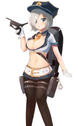 Rule 34 | 10s, 1girl, alternate costume, amekosame, bad id, bad twitter id, belt, black pantyhose, blue eyes, breasts, cleavage, crop top, cuffs, gloves, hair ornament, hair over one eye, hairclip, hamakaze (kancolle), handcuffs, hat, highres, kantai collection, knees together feet apart, large breasts, legs together, midriff, miniskirt, navel, necktie, one-hour drawing challenge, pantyhose, pleated skirt, police hat, school uniform, serafuku, short hair, simple background, skirt, solo, white background, white gloves, white hair