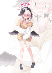Rule 34 | &lt;|&gt; &lt;|&gt;, 1girl, absurdres, black ribbon, black wings, blue archive, blush, clothes pull, feathered wings, hair ribbon, halo, head wings, highres, koharu (blue archive), low twintails, pink eyes, pink hair, ribbed shirt, ribbon, shira jun, shirt, shirt pull, shirt under shirt, shoes, sleeves past wrists, sneakers, solo, twintails, wings
