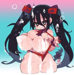 Rule 34 | 1girl, absurdres, black hair, blush, bow, breasts, copyright request, cowboy shot, cropped legs, deep skin, grey eyes, grin, hair between eyes, hair bow, hands up, highres, huge breasts, long hair, looking at viewer, red bow, sharp teeth, signature, slingshot swimsuit, smile, soap, solo, standing, swimsuit, teeth, twintails, very long hair, wristband, zankuro