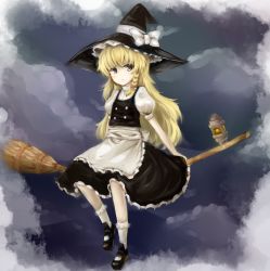 Rule 34 | 1girl, af-henrytz, apron, black dress, blonde hair, bow, braid, broom, broom riding, dress, female focus, flying, hat, hat bow, kirisame marisa, lamp, long hair, looking at viewer, puffy sleeves, short sleeves, sidesaddle, solo, touhou, very long hair, waist apron, witch, witch hat, yellow eyes