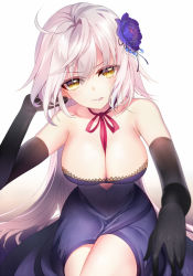 Rule 34 | 1girl, ahoge, biting own lip, black gloves, blue dress, blue flower, breasts, cleavage, dress, elbow gloves, fate/grand order, fate (series), flower, gloves, gradient background, hair flower, hair ornament, jeanne d&#039;arc (fate), jeanne d&#039;arc alter (avenger) (fate), jeanne d&#039;arc alter (fate), large breasts, lips, long hair, looking at viewer, mimosa, narrow waist, neck ribbon, official alternate costume, parted lips, pink ribbon, ribbon, silver hair, smile, solo, thighs, yellow eyes