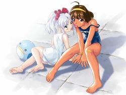 Rule 34 | 2girls, :p, ahoge, arm support, ass, ball, bandaid, bandaid on knee, bandaid on leg, bare shoulders, barefoot, beachball, between legs, blue one-piece swimsuit, blush stickers, bow, breasts, brown eyes, brown hair, dark-skinned female, dark skin, feet, full body, hair bow, hairband, hand between legs, hoshino ruri, jpeg artifacts, kidou senkan nadesico, legs, looking at viewer, looking back, lying, multiple girls, on side, one-piece swimsuit, parted bangs, school swimsuit, shadow, shiratori yukina, short hair, short twintails, sidelocks, sitting, small breasts, soles, strap slip, swimsuit, tan, tanline, tile floor, tiles, toes, tongue, tongue out, twintails, v arms, watanabe akio, white hair, white one-piece swimsuit, white school swimsuit, yellow eyes