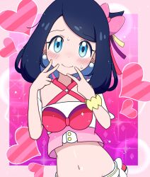 Rule 34 | 1girl, alternate costume, blue eyes, blue hair, bow, closed mouth, creatures (company), criss-cross halter, crop top, double v, earrings, embarrassed, game freak, hair bow, halterneck, heart, highres, idol, jewelry, liko (pokemon), looking at viewer, melili, midriff, navel, nintendo, one side up, pink background, pink bow, poke ball, pokemon, pokemon (anime), pokemon horizons, scrunchie, short hair, smile, solo, standing, stomach, sweatdrop, swept bangs, upper body, v, wrist scrunchie, yellow scrunchie