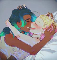 Rule 34 | 2girls, absurdres, arm around neck, bare arms, bare shoulders, blonde hair, blush, camisole, closed eyes, couple, dark-skinned female, dark skin, dutch angle, earrings, face-to-face, from side, girl on top, green eyes, green hair, half-closed eyes, hand in another&#039;s hair, hand on another&#039;s head, highres, hug, humanization, imminent kiss, inkling, jewelry, long hair, looking at another, lying, lying on person, marina (splatoon), multicolored hair, multiple girls, nimae04, nintendo, nose blush, octoling, on back, on stomach, pearl (splatoon), pink hair, short hair, sidelocks, smile, splatoon (series), splatoon 2, upper body, yuri
