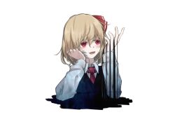 Rule 34 | 1girl, absurdres, black vest, blonde hair, blush, collared shirt, darkness, hair between eyes, hair ribbon, highres, lit ter, long sleeves, open mouth, red eyes, red ribbon, ribbon, rumia, shirt, short hair, simple background, solo, touhou, upper body, vest, white background, white shirt