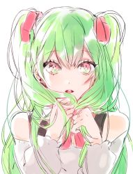 Rule 34 | 1girl, bad id, bad pixiv id, bare shoulders, green eyes, hatsune miku, long hair, looking at viewer, multicolored eyes, open mouth, piyo (ppotatto), playing with own hair, simple background, solo, twintails, two side up, vocaloid, white background