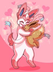 Rule 34 | :d, ^ ^, blush, closed eyes, commentary, creature, creatures (company), eevee, english commentary, eyelashes, closed eyes, flufflixx, full body, game freak, gen 1 pokemon, gen 6 pokemon, happy, heart, heart background, highres, holding, holding pokemon, hug, nintendo, no humans, open mouth, pink background, pokemon, pokemon (creature), shadow, size difference, smile, sparkle, standing, sylveon