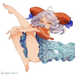 Rule 34 | 1girl, ahoge, blue bow, blue dress, bow, canariadraw, clothes between thighs, covered mouth, curly hair, detached sleeves, dress, eye print, frilled dress, frills, goat horns, grey hair, highres, horn bow, horn ornament, horns, knee up, leg hold, leg up, looking at viewer, meandros, own hands together, plantar flexion, red eyes, red horns, red sleeves, short hair, short sleeves, squinting, touhou, toutetsu yuuma