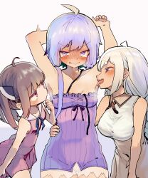 Rule 34 | 3girls, ahoge, armpits, arms up, bare shoulders, blade, blowing, blue eyes, blue ribbon, blunt bangs, blush, breasts, brown hair, brown skirt, collarbone, collared shirt, cowboy shot, dress, embarrassed, empire waist, furrowed brow, hair over shoulder, halter dress, halterneck, hand on another&#039;s waist, hand to own mouth, headgear, highres, kizuna akari, licking, licking armpit, light purple hair, medium breasts, medium hair, multiple girls, neck ribbon, nervous smile, pink dress, profile, purple dress, purple eyes, raised eyebrows, red eyes, ribbon, shirt, short dress, short hair with long locks, short twintails, simple background, siwasunohige, skirt, sleeveless, sleeveless shirt, small breasts, smile, squinting, striped clothes, striped dress, sweat, tearing up, teasing, touhoku kiritan, twintails, uncommon stimulation, underbust, upturned eyes, v-shaped eyebrows, vertical-striped clothes, vertical-striped dress, vocaloid, voiceroid, wavy mouth, white background, white hair, white shirt, yuzuki yukari