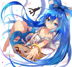 Rule 34 | 1girl, bangle, bare legs, barefoot, blue bow, blue eyes, blue hair, blue skirt, bow, bowl, box, bracelet, broken, commentary request, efe, hair between eyes, hair bow, hood, hoodie, jewelry, long hair, looking at viewer, mikan box, miniskirt, reaching, reaching towards viewer, revision, simple background, sitting, skirt, solo, stuffed animal, stuffed cat, stuffed toy, touhou, very long hair, white background, yorigami shion