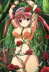 Rule 34 | 1girl, absurdres, airi (queen&#039;s blade), armpits, arms up, bdsm, blue eyes, blush, body blush, bondage, bound, breasts, censored, convenient censoring, empty eyes, female focus, flower, foreshortening, forest, groin, headdress, highres, long hair, looking at viewer, maid headdress, nature, navel, nipples, noguchi takayuki, nude, nude filter, parted lips, plant, queen&#039;s blade, red flower, red hair, red rose, rose, shade, solo, thighs, third-party edit, thorns, tree, twintails, very long hair, wrist cuffs