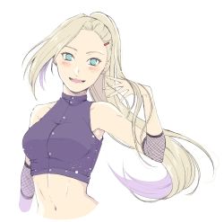 Rule 34 | 1girl, blonde hair, blush, breasts, earrings, fishnets, hair over one eye, highres, jewelry, long hair, looking at viewer, midriff, naruto, naruto (series), navel, ninja, open mouth, ponytail, sleeveless, smile, solo, yamanaka ino