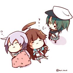 Rule 34 | 10s, 3girls, ahoge, artist name, bad id, bad twitter id, blanket, brown hair, cape, chibi, commentary request, crossed arms, eyepatch, closed eyes, from above, green hair, hat, kantai collection, kiso (kancolle), kuma (kancolle), long hair, lowres, lying, multiple girls, neckerchief, nor nao, on back, paw print, purple hair, remodel (kantai collection), school uniform, serafuku, short hair, short sleeves, shorts, skirt, sleeping, smile, standing, tama (kancolle), zzz