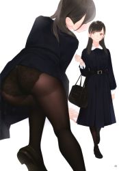 Rule 34 | 1girl, absurdres, all fours, ama mitsuki, arm at side, ass, bag, belt, black footwear, black pantyhose, blue dress, brown eyes, brown hair, closed mouth, clothes lift, collared dress, dress, dress lift, full body, hair behind ear, highres, lace, lace panties, loafers, looking to the side, medium hair, original, page number, panties, panties under pantyhose, pantyhose, scan, school bag, shoe soles, shoes, simple background, solo, underwear, walking, white background