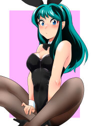 Rule 34 | 1girl, absurdres, animal ears, black bow, black bowtie, black footwear, black leotard, black pantyhose, blue eyes, bow, bowtie, breasts, cleavage, commentary request, cone horns, detached collar, fake animal ears, feet out of frame, green hair, high heels, highres, horns, indian style, leotard, long hair, looking at viewer, lum, medium breasts, nanao futaba, pantyhose, playboy bunny, pointy ears, rabbit ears, sitting, solo, strapless, strapless leotard, urusei yatsura, wrist cuffs