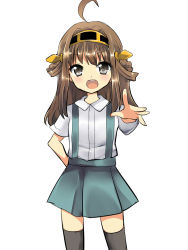 Rule 34 | &gt;:d, 1girl, :d, aged down, ahoge, alternate costume, asashio (kancolle), asashio (kancolle) (cosplay), brown hair, cosplay, double bun, hair bun, hairband, highres, kantai collection, kongou (kancolle), long hair, looking at viewer, ochazuke, open mouth, outstretched arm, outstretched hand, personification, pleated skirt, school uniform, simple background, skirt, smile, solo, suspenders, thighhighs, v-shaped eyebrows, white background, zettai ryouiki