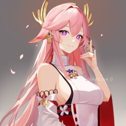 Rule 34 | 1girl, absurdres, animal ears, bare shoulders, breasts, commentary, detached sleeves, fox ears, genshin impact, grey background, hair between eyes, hand up, highres, i am love, large breasts, long hair, long sleeves, looking at viewer, nontraditional miko, pink hair, pink nails, purple eyes, shirt, sideboob, sleeveless, sleeveless shirt, smile, solo, upper body, very long hair, white shirt, yae miko