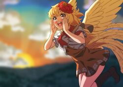 Rule 34 | 1girl, animal, animal on head, bird, bird on head, bird tail, bird wings, blonde hair, blurry, blurry background, blush, boots, brown footwear, chick, dress, feathered wings, fingernails, gyouza (mhea5724), highres, legs, multicolored hair, niwatari kutaka, on head, open mouth, orange dress, red eyes, red hair, shirt, short dress, short hair, short sleeves, smile, solo, tail, teeth, touhou, two-tone hair, upper teeth only, white shirt, wings, yellow wings