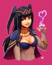 Rule 34 | 1girl, black hair, breasts, cape, cleavage, fire emblem, fire emblem awakening, heart, highres, large breasts, lips, long hair, looking to the side, magic, nintendo, pink background, purple eyes, ravenousruss, tharja (fire emblem), twintails, upper body