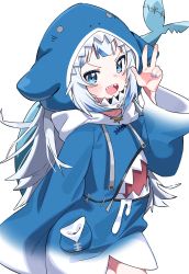 Rule 34 | 1girl, :d, absurdres, animal hood, blue eyes, blue hair, blue hoodie, blue nails, blush, drawstring, fins, fish tail, gawr gura, gawr gura (1st costume), grey hair, hand up, highres, hololive, hololive english, hood, hood up, hoodie, long hair, multicolored hair, nail polish, open mouth, shark hood, shark tail, sharp teeth, simple background, smile, solo, streaked hair, tail, teeth, tosyeo, v, very long hair, virtual youtuber, white background