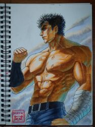 Rule 34 | 1boy, abs, bara, black hair, clenched hand, colored pencil (medium), cowboy shot, denim, highres, hokuto no ken, jeans, kenshiro, large pectorals, looking ahead, male focus, mature male, maya panda, multicolored hair, muscular, muscular male, navel, navel hair, nipples, pants, pectorals, photo (medium), scar, scar on chest, short hair, solo, standing, stomach, streaked hair, sunlight, thick eyebrows, topless male, traditional media, veiny pectorals, wavy hair