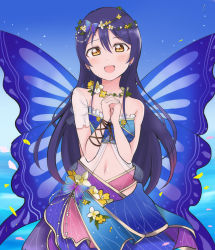 Rule 34 | 10s, 1girl, artist name, artist request, asymmetrical sleeves, bandeau, bare shoulders, blue bra, blue hair, blue wings, blush, bra, butterfly hair ornament, butterfly wings, collarbone, crossed bangs, detached sleeves, earrings, female focus, floating, flower, flower necklace, hair between eyes, hair flower, hair ornament, head wreath, highres, insect wings, jewelry, layered skirt, lens flare, long hair, looking at viewer, love live!, love live! school idol festival, love live! school idol project, midriff, navel, necklace, own hands together, pointy ears, see-through, short sleeves, simple background, single sleeve, skirt, smile, solo, sonoda umi, sparkle, standing, strapless, strapless bra, underwear, uneven sleeves, very long hair, wewe, white flower, white sleeves, wings, yellow eyes