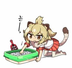 Rule 34 | 10s, 1girl, :3, all fours, animal ears, brown eyes, kanikama, kemono friends, light brown hair, lion (kemono friends), lion ears, lion tail, litter box, lowres, simple background, solo, sweatdrop, tail, white background
