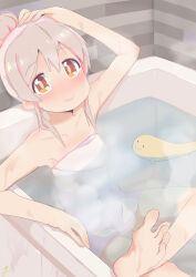 Rule 34 | 1girl, arm up, bare arms, bare shoulders, barefoot, bathing, bathtub, blush, brown eyes, c:, collarbone, commentary, feet, hair between eyes, hair bun, hair up, highres, kebakebasan, looking at viewer, naked towel, onii-chan wa oshimai!, oyama mahiro, partially submerged, pink hair, signature, sitting, smile, soles, solo, steam, toes, towel, towel on head, water