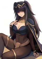 1girl black_cape black_hair black_nails blunt_bangs bodystocking breasts bridal_gauntlets cape cleavage commentary_request fire_emblem fire_emblem_awakening gold_trim highres jewelry labebebe_lee large_breasts long_hair nintendo parted_lips simple_background smile solo tharja_(fire_emblem) thighlet tiara two_side_up white_background