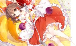 Rule 34 | 1girl, :q, ankle cuffs, ascot, blueberry, bow, bridal garter, brown eyes, brown hair, crepe, detached sleeves, food, fork, fruit, hair bow, hair tubes, hakurei reimu, hands on own chest, highres, looking at viewer, lying, mini person, minigirl, navel, on back, peach, short hair, skirt, skirt set, solo, sprinkles, strawberry, tongue, tongue out, touhou, tsukimiya kamiko
